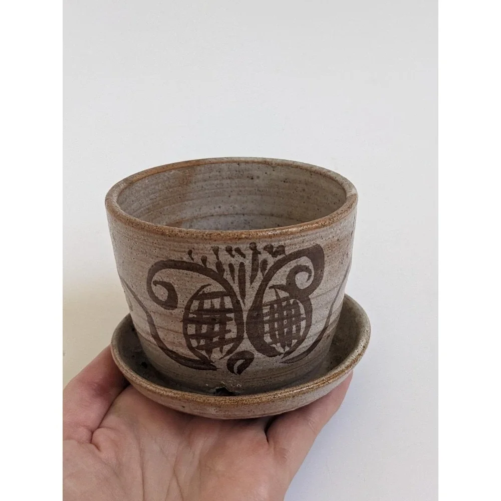 Vintage 1970s Studio Pottery Planter Saucer Small Butterfly Hand Painted Pot 3